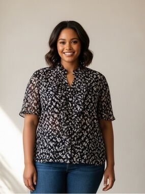 Chaps Black Floral Ruffle Button Front Blouse size 2X